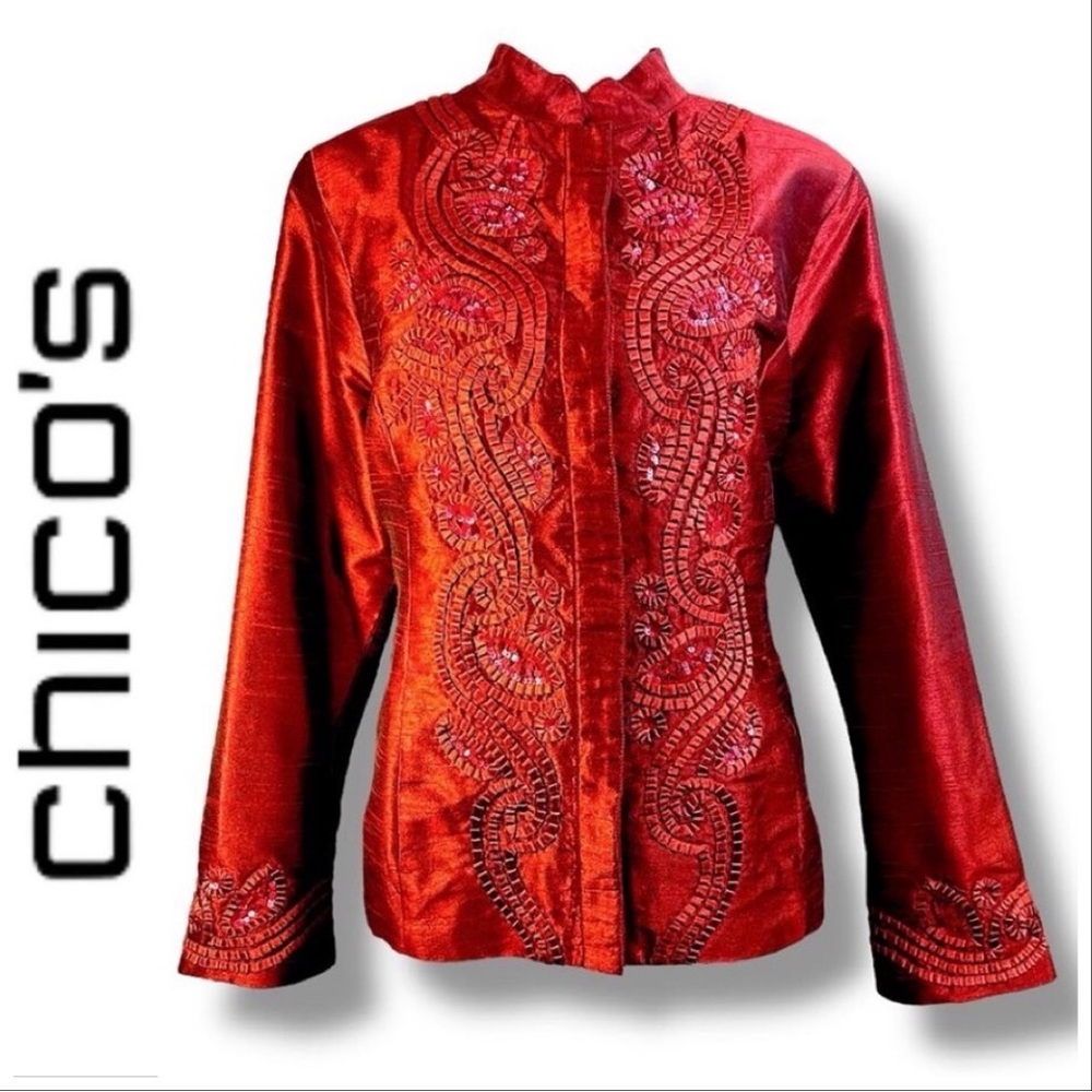 CHICOS Red Silky Top or Jacket Bead & Appliqué Embellished Accents SZ 2
